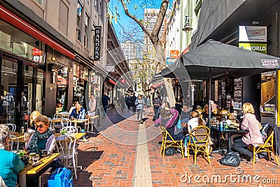 view of Hardware Lane with many people enjoy food and drinks at outdoor dinning area. Melbourne, VIC Australia. Editorial Stock Photo