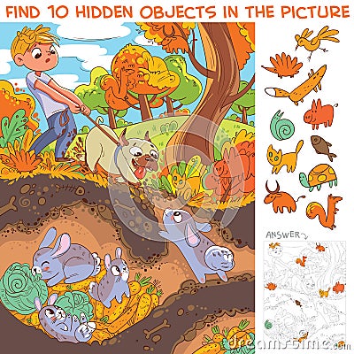 View hare house underground. Find 10 hidden objects Vector Illustration