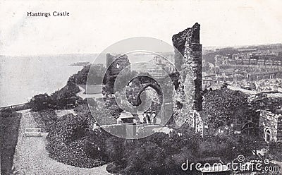 Vintage black and white postcard of Hastings Castle Editorial Stock Photo