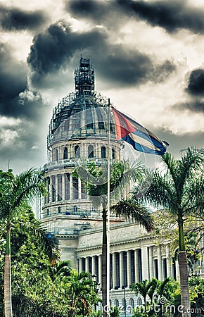 View of Havana Capitol building dome with cuban flag Stock Photo