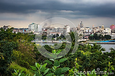 View of Havana from La Fortaleza de San Carlos de la cabana at dusk Stock Photo