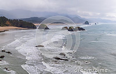 View of Haystack Rock from Ecola State Park. Stock Photo