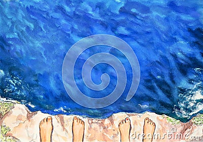 The view from the height of the cliff at the sea waves. Feet men and women. Stock Photo