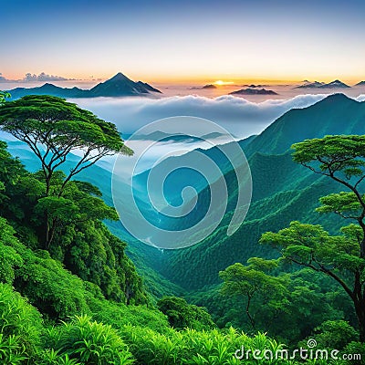 A view from a height of a mountain peak with green trees in the Panoramic Cartoon Illustration