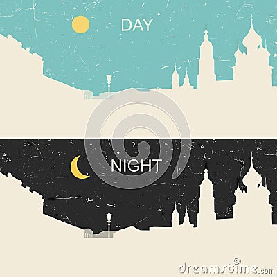 View of the heritage Russian city day and night Vector Illustration