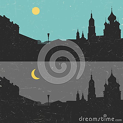 View of the heritage Russian city day and night Vector Illustration