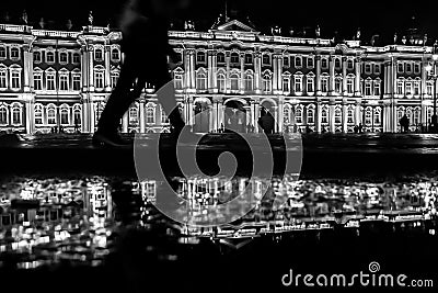 View of Hermitage State Museum on Palace square Dvortsovaya square at late evening. Editorial Stock Photo
