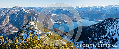 View from Herzogstand summit to lake Walchensee and bavarian alps in winter Stock Photo