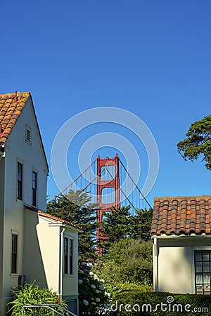 View hetween white stucco houses with orange red roof tiles with visible exterior golden gate bridge towers with trees Stock Photo