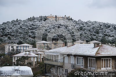 A view of Heybeliada Halki with Heybeliada Seminary on a snowy day. Stock Photo