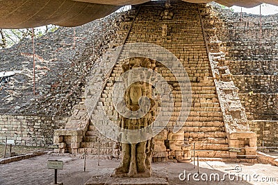 View at the Hieroglyphic Stairway and Stela M in Archaeological Site of Copan in Honduras Stock Photo