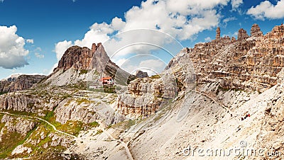 View of high mountain in Italy near tourist cottage Stock Photo