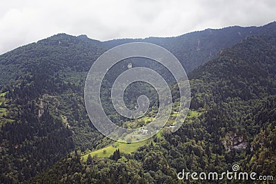 View of high plateau houses, mountains Stock Photo