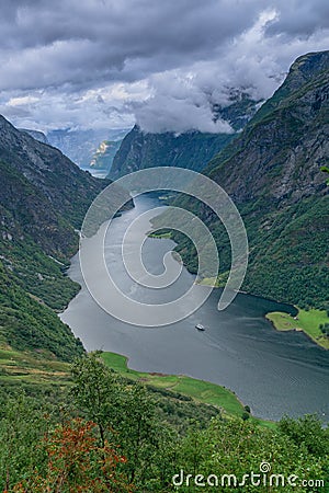 View high on top of beautiful Norwegian fjord, the Sognefjord Stock Photo