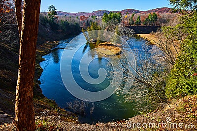 View from hiking trail of 180 degree twisting river in late fall Stock Photo