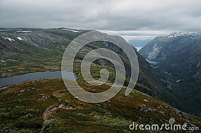 view of hill slope with grass and small pond, mountains on background, Norway, Hardangervidda Stock Photo