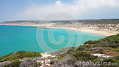 View from hill to beautiful, unspoiled beach, no people, with ca Stock Photo