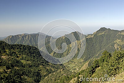 View of a Himalayan valley and terrace farming Stock Photo