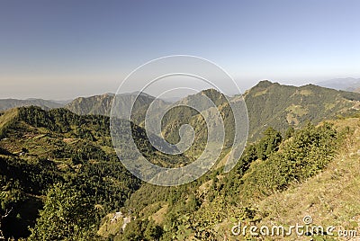 View of a Himalayan valley and terrace farming Stock Photo