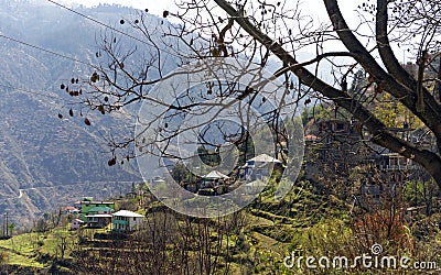View of a Himalayan village on slop of mountain Stock Photo