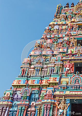 View of hindu temple tower at sarangapani temple, Tamilnadu, India - Dec 17, 2016 Editorial Stock Photo