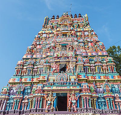 View of hindu temple tower at sarangapani temple, Tamilnadu, India - Dec 17, 2016 Editorial Stock Photo