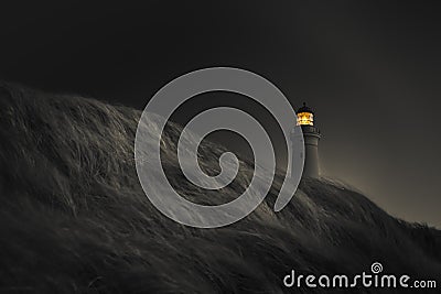 View of Hirtshals Lighthouse on dark gray background. Denmark. Stock Photo