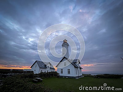 View of Hirtshals Lighthouse at sunset. Denmark. Stock Photo