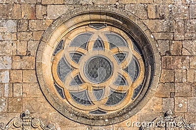 View of historic building in ruins, convent of St. Joao of Tarouca, detail of rosacea in Romanesque church Editorial Stock Photo