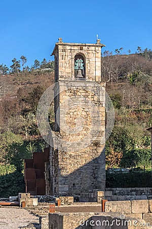 View of historic building in ruins, convent of St. Joao of Tarouca, detail of tower sineria of the convent of cister Stock Photo