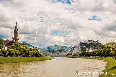 View of historic city of Salzburg over Salzach river, Austria Stock Photo