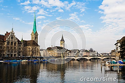 View of historic city of Zurich. Fraumunster Church and river Limmat at Lake Zurich. Canton of Zurich, Switzerland Stock Photo