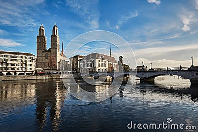 View of historic city of Zurich. Grossmunster Church and Munster Stock Photo