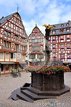 Market Square with fountain and half timbered buildings in Bernkastel Kues, Germany Editorial Stock Photo