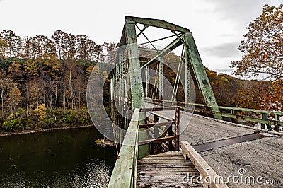 Historic Green Truss Bridge in Autumn - Layton Bridge - Fayette County, Pennsylvania Stock Photo