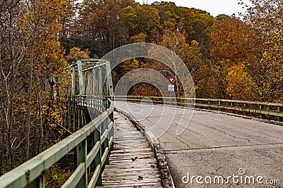 Historic Green Truss Bridge in Autumn - Layton Bridge - Fayette County, Pennsylvania Stock Photo