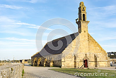 View of the historic Notre Dame de Rocamadour Chapel in the harbor of Camaret--sur-Mer Editorial Stock Photo