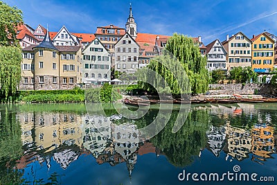 View of the historic old town of TÃ¼bingen, Germany with scenic reflection of the houses in the water Stock Photo