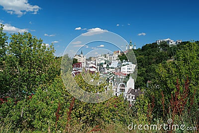 View of historic Podil neighborhood of Kyiv and St Andrews Church, Ukraine Editorial Stock Photo