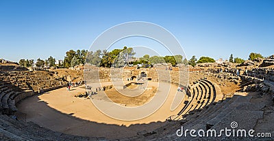 View of the historic ruins of Roman Amphiteater of Merida Editorial Stock Photo