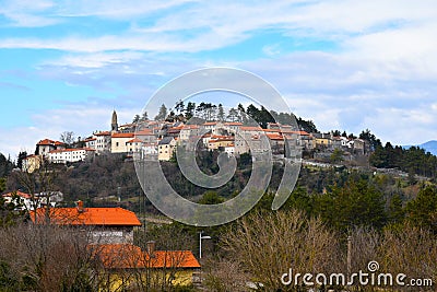 View of historic Stanjel town on a hill at Kras Stock Photo