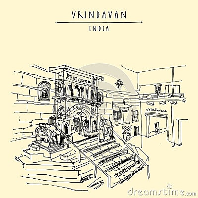 View of holy city of Vrindavan, India. Sacred Krishna place. Vin Cartoon Illustration