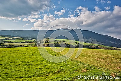 View at Horehronie countryside under Kralova Hola mountain from train Stock Photo