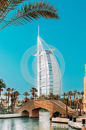View of Hotel Burj Al Arab, Tower of the Arabs is luxury hotel located in city of Dubai, United Arab Emirates. Managed Editorial Stock Photo