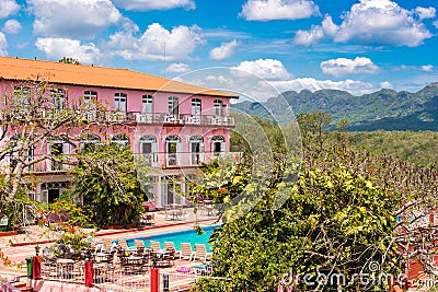 View of the hotel and Vinales valley, Pinar del Rio, Cuba. Copy space for text. Editorial Stock Photo