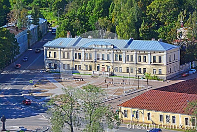 View of House of the general Mendt and Petrovskaya Square from St. Olav's Tower in Vyborg Castle, Russia Stock Photo