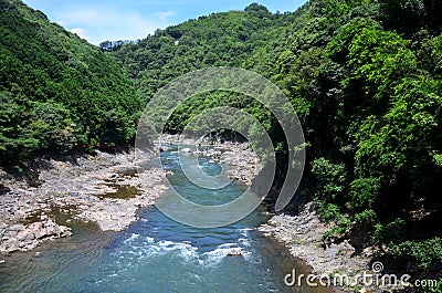 View of Hozugawa River from Sagano Scenic Railway Stock Photo