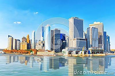 View Hudson bay to Lower Manhattan and Staten Island Ferry terminal. New York City is Financial capital of America. Stock Photo