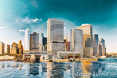 View Hudson bay to Lower Manhattan and Staten Island Ferry terminal. New York City is Financial capital of America Stock Photo