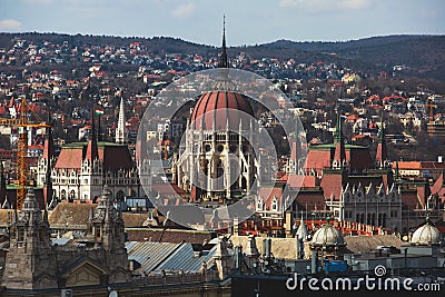 View of Hungarian Parliament Building, Budapest Parliament exterior, also called Orszaghaz, with Donau river and city panorama Stock Photo